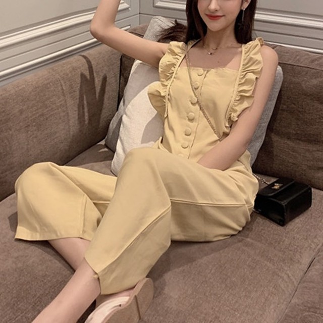 オールインワン ワンピース ノースリーブ パンツ レトロ フリル ボタン ガーリー 大人可愛い デート おでかけ 春夏 Choco Chaco