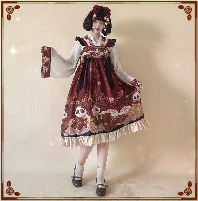 Lolita Jsk Dress ロリータドレス キャミワンピース ロリィタ 日常用 お茶会 撮影 Cosplay イベント 春夏秋 ロリ ワインレッド ブラック パンダ柄 Mintcat