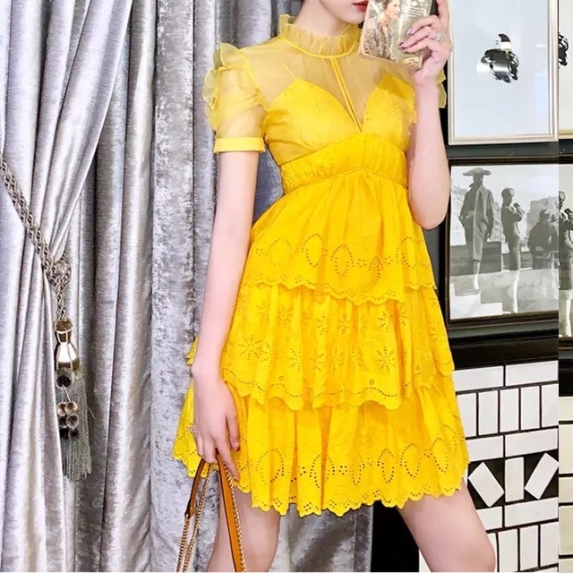 黄色 フラワー レース フレア ミニ ワンピース スカート Xs シースルー 半袖 イエロー ドレス Loveysmileshop