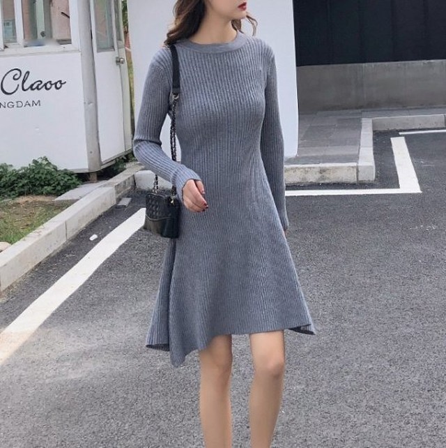 ニットワンピース ミニワンピース リブニット ニット ワンピース フレア アシンメトリー 秋冬 冬服 冬スペシャルセール ニットワンピース ミニ ワンピース リブニット ニット ワンピース フレア Leaflower 001 リーフラワー レディースファッション専門店