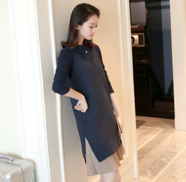 ロングリブニットとベストワンピースのおしゃれなツーピースドレス 重ね着 バイカラー 大人可愛い お出かけ デート トップス ワンピース レディース Lalas