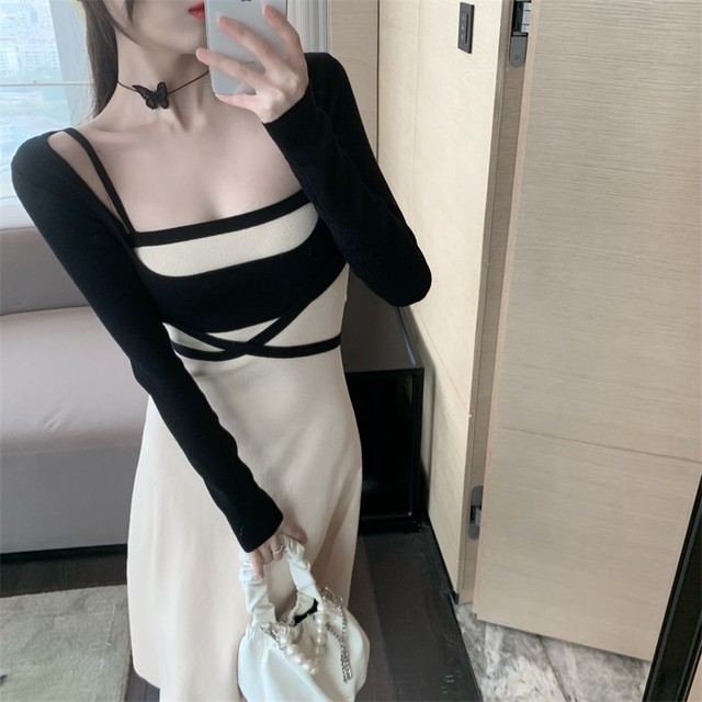 セットアップ ツーピース 2点セット ワンピース ショート丈トップス ニット 無地 ロング丈 長袖 キャミワンピ リボン 春 秋 ホワイト ピンク ブラック ホワイト Free 10代 代 30代 Country Road