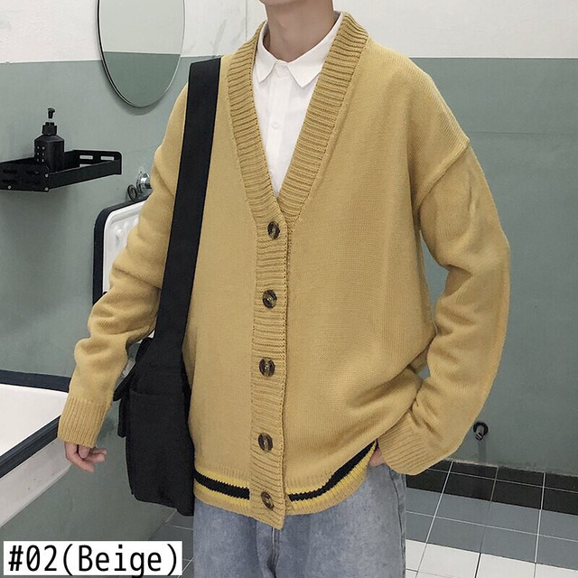 Lappsterメンズソリッドイエローカーディガン秋メンズボタンアップ冬ニットセーターレディース特大 オータム 秋物 ウィンター 冬物 ソリッドカラー Lappster公式ストア Efect