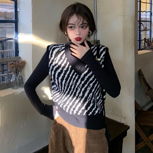 ニットベスト レディース ニット レディース 冬 ベスト レディース ニット ゼブラ柄 Vネック 重ね着 カジュアル こなれ感 ノースリーブ 秋 冬 Evergreen