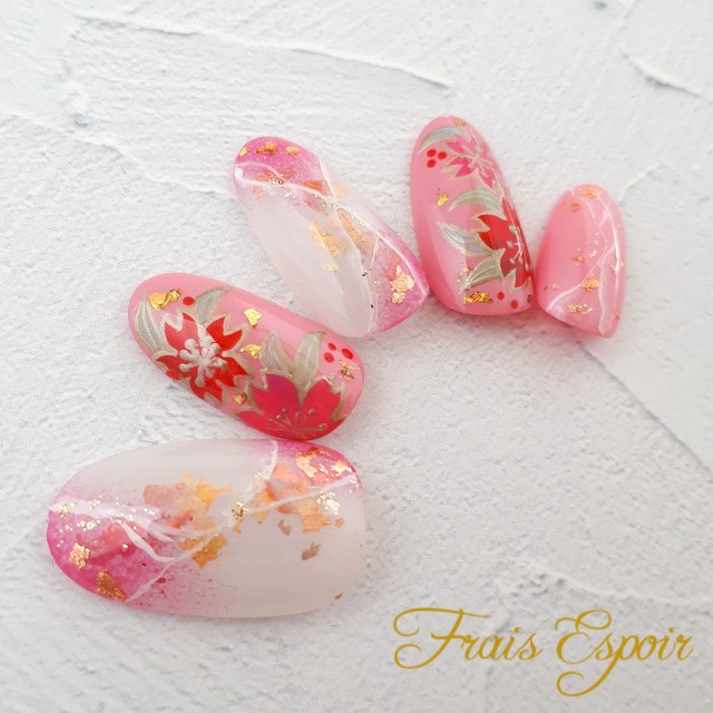 ピンクの天然石風和柄ネイル 和 和柄 成人式 成人式ネイル ネイルチップ Fraisespoir