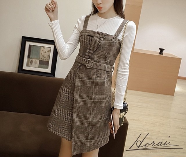 ワンピース ショート丈 不規則 長袖 チェック柄 ウエストベルト レディース ストラップ ドレス ワンピ 秋冬 かわいい お取り寄せ Horai