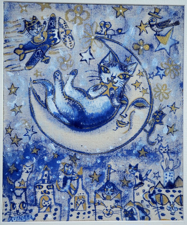 青いネコの布絵シリーズ 三日月と 星をもつネコ Inadashop