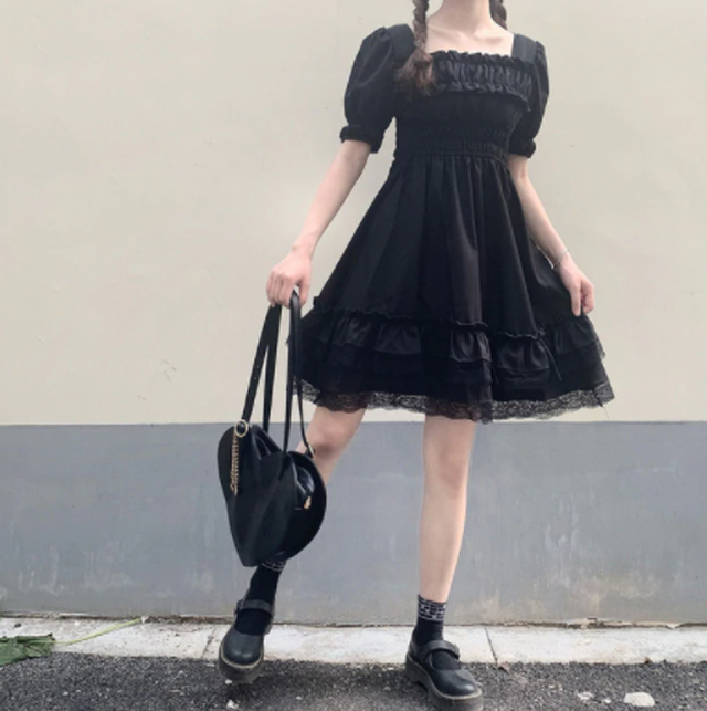 ゴスロリ ワンピース 黒 半袖 ゴシック フリル ハイウエスト ロリータ ドレス ブラック Cinderella Story
