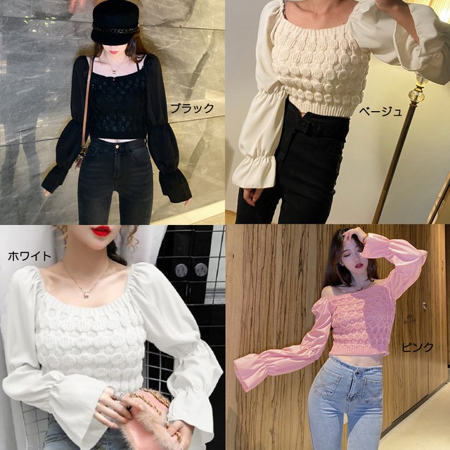 ドッキング異素材春 肩出しニット着やせ オフショルニットシャツブラウス スクエアネック レディース 長袖 ショート丈ニットトップス パフスリーブネット通販 購入 激安 10代 代 30代 40代 春 夏 秋 冬 Roprot ロプロット ファッション レディースアパレル販売