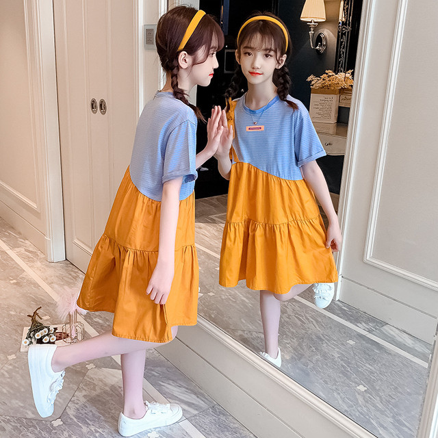 女の子 切替 半袖 ワンピース 夏 ジュニア 110ー160cm 人気 Dyh海外子供用品