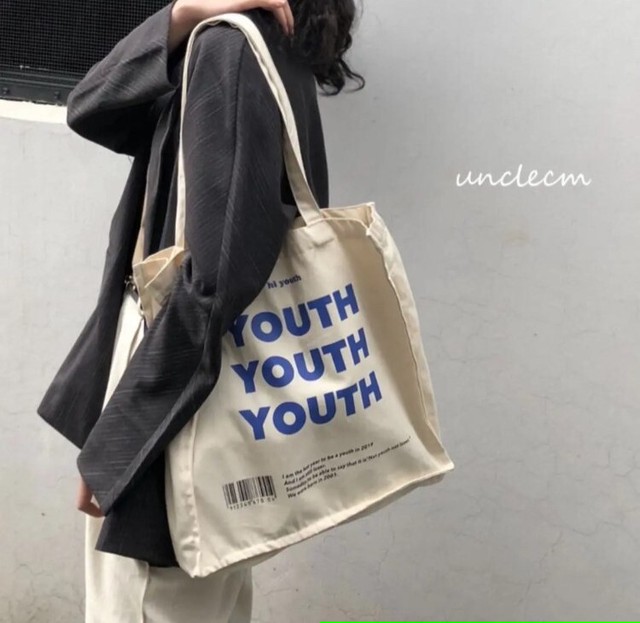 Youth キャンバス トートバッグ ショルダーバッグ インスタ 通学 お買い物 エコバッグ 即納 ぐるぐる