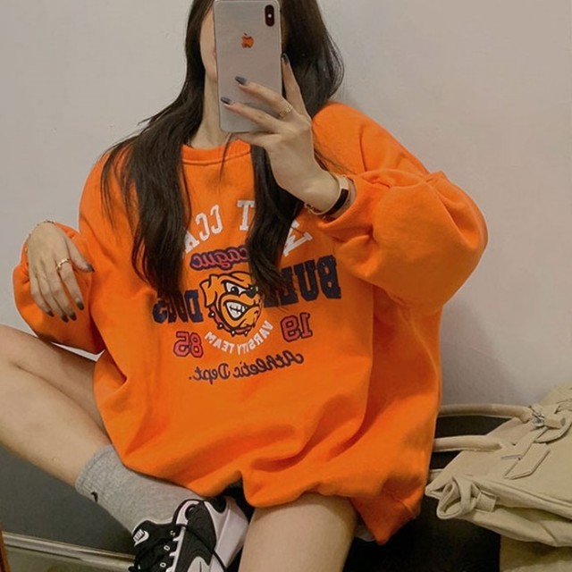 トレーナー レディース キャラクター ロゴ スウェット トレーナー 韓国 ファッション レディース ビッグシルエット スエット トップス ビッグサイズ 裏起毛 ゆったり スポーツ カジュアル ルームウエア キャラ プリント トレーナー おしゃれ かわいい 白 オレンジ