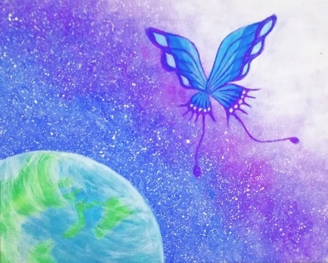 蝶々と地球の絵 アクリル画 絵画shop ヒカリ