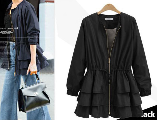 トップス レディース ミディアム丈 ティアードフリル ウエストシャーリング 長袖 裾フリル ブルゾン ジャケット カーディガン アウター 羽織り フロントジップ お洒落 シンプル 大人かわいい 春 秋 体型カバー 大きいサイズ Officewalaa オフィスワラア レディース