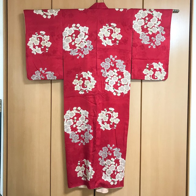 袷 アンティーク着物 梅 橘 赤色 きものや Kikka