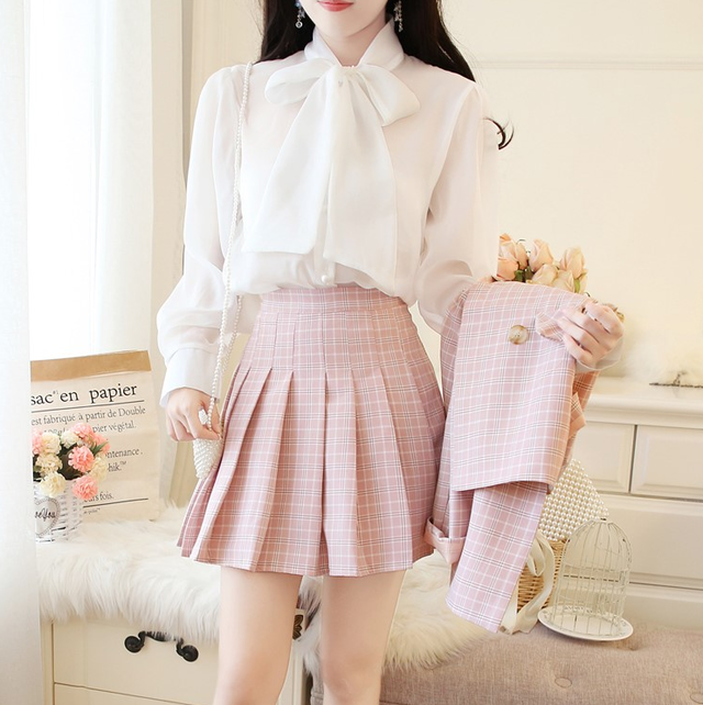 セットアップ スリーピース ジャケット グレンチェック チェック柄 アプリコット ピンク スカート ミニ丈 プリーツ トップス ブラウス シャツ リボン パールボタン ホワイト 上品 きれいめ 大人 可愛い お出かけ お呼ばれ レディース Sea Sign Post