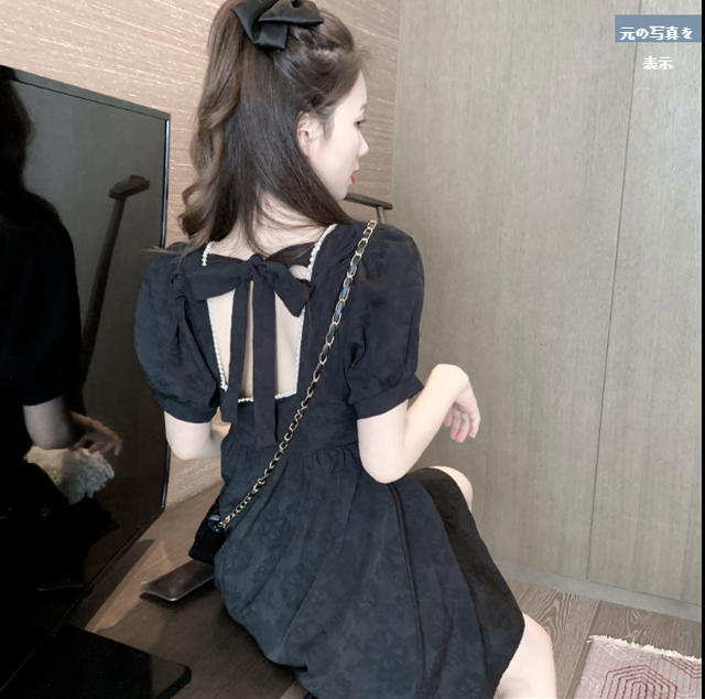 バックリボンワンピース 夏 刺繍 パフスリーブ ハイウエスト 10代 代 お出かけ お呼ばれ 二次会 上品 かわいい 清楚 ふんわり フレンチ スクエア パール Ma027 La Vie En Rose