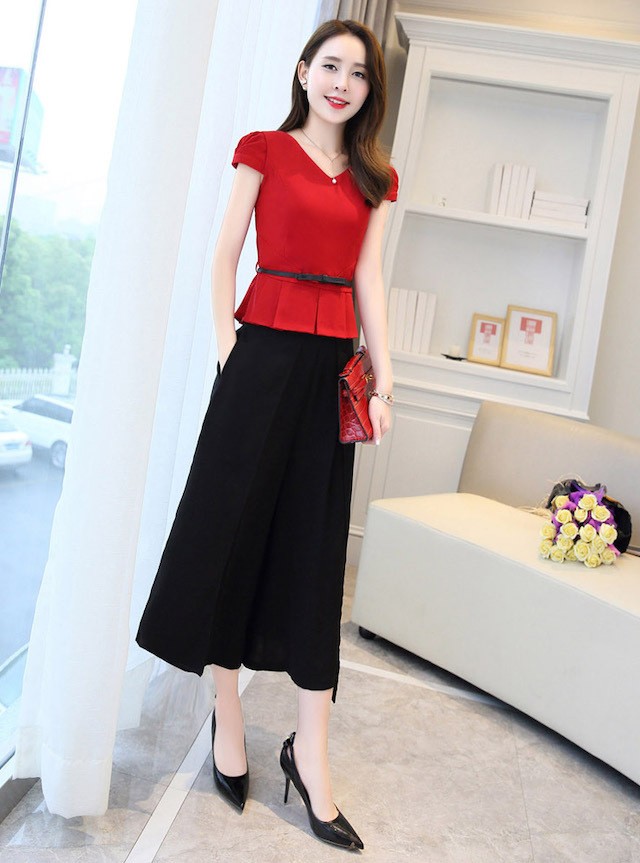 送料無料 3カラー 2点セット バイカラー ペプラム セットアップ パンツドレス レディース 大きいサイズ ロング丈 レッド ホワイト ブラック 結婚式 ウェディング 二次会 フォーマル ベルトつき ハイウエスト タック 通勤 オフィス デート 合コン 女子会 食事会 宴会