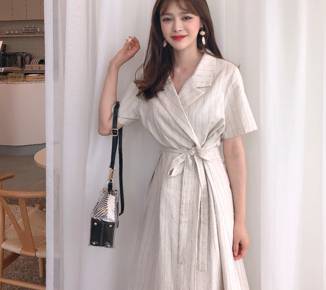 ナチュラル ストライプリネンラップワンピース A002 Lino Liko