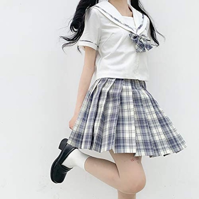Jpcs Jk制服 女子高生 セーラー服 スクール コスプレ 学生服 仮装 本格制服 コスチューム 学園風 学園祭 文化祭 かわいい 半袖 プリーツスカート リボン付き 3点セット チェック柄 グレー L Az Japan Classic Store