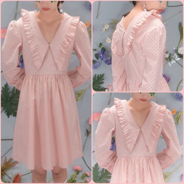 ピンク デカ襟 ブラウス ワンピース フレア スカート Xs ガーリー Loveysmileshop