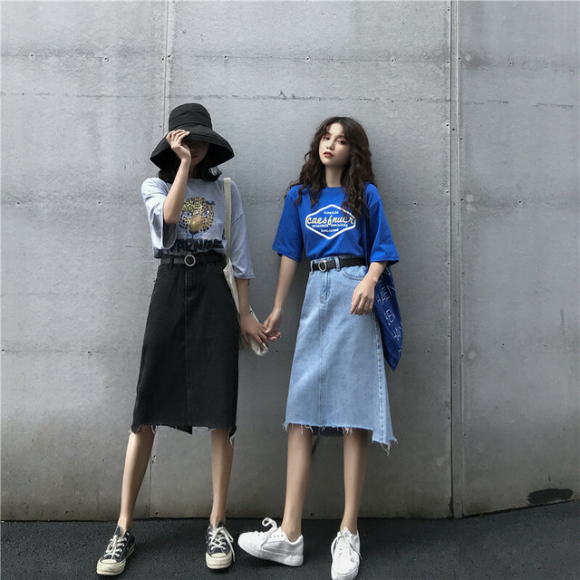 双子コーデに デニムスカート ダメージデニム スリット ひざ丈スカート ミモレ丈 カジュアル シンプル ショッピング お出かけ 夏 Shop Suba