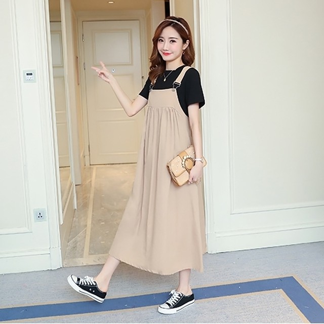 マタニティ 服 サロペット ２枚セット ｔシャツ ロング ミモレ丈 授乳服 妊婦服 韓国 マタニティワンピース Cospa Fashion