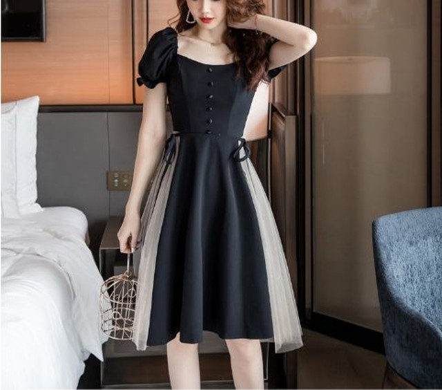 パーティードレス ワンピース レディース 40代 きれいめ 30代 代 50代 黒 ミモレ丈 膝丈 膝下丈 Aライン 半袖 無地 バイカラー 二次会 春夏 フォーマル 上品 おしゃれ きれいめ Dress Plaatje