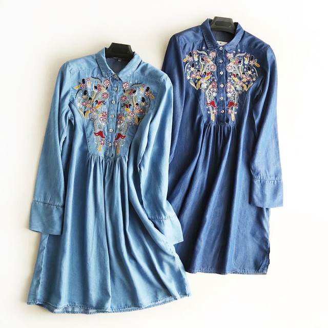 Hanehanedou 予約販売 5月10日 5月25日前後の出荷予定 18春夏新作 花柄刺繍ワンピース テンセル デニム風 デニムシャツ ワンピース 長袖 綿 レディース 羽羽堂