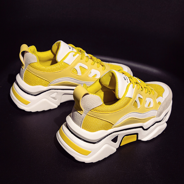 直輸入 新作 レディース 厚底 レースアップ カジュアル スニーカー イエロー ホワイト 海外インポート Shoes Chou シューズシュー