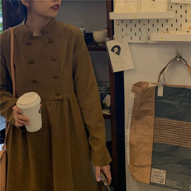 レディース ワンピース ロング ワンピース ドレス 長袖 スタンドカラー ロング丈 ミモレ丈 ハイウエスト フレア ａライン スカート ダブルボタン シンプル カジュアル おしゃれ 大人可愛い レトロ お出かけ デート 通勤 通学 旅行 普段着 カーキ Hf Haru Meets Foo