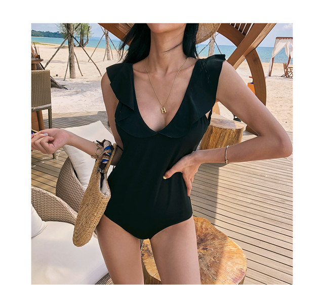 夏物 レディース 水着 ワンピース セクシー フリル バックスタイル シンプル センス ブラック モノトーン 大人 Kk1356 Fulgeo