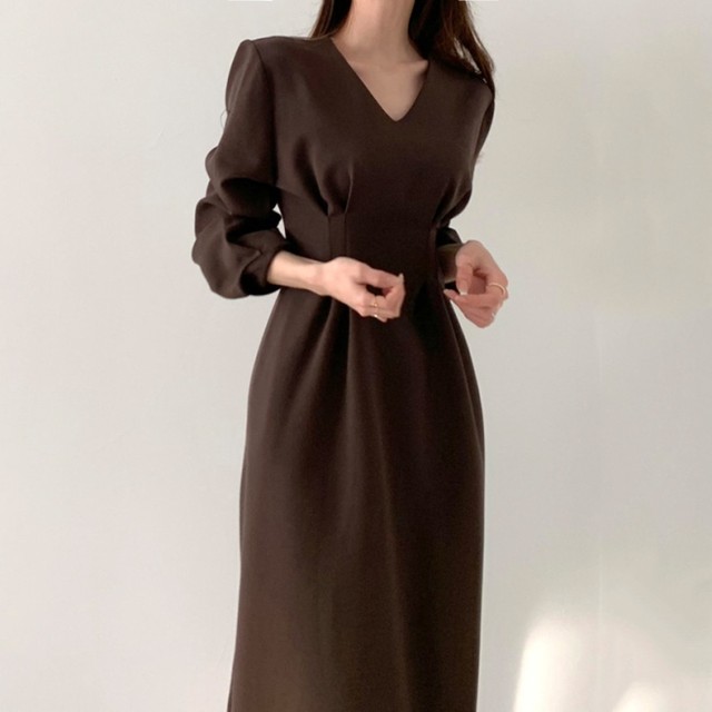 きれいめワンピ 韓国 ファッション レディース ワンピース Vネック ウエストシェイプ ミモレワンピース 春 ひざ丈 ワンピース パフ袖 清楚 上品 シック フォーマル パーティー お呼ばれ ワンピ ハイウエスト 美シルエット 大人カジュアル Vestito