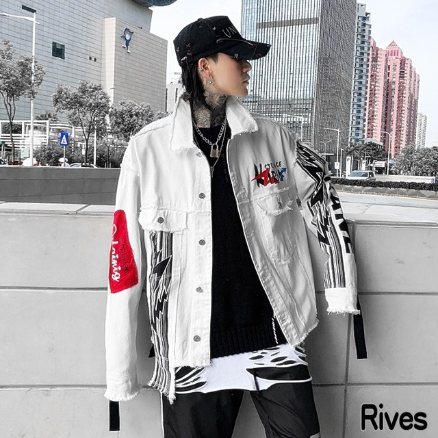 デニムジャケット ホワイト 白 アウター メンズ 長袖 メンズ オシャレ ファッション アパレル オルチャン 韓国 原宿 Rives