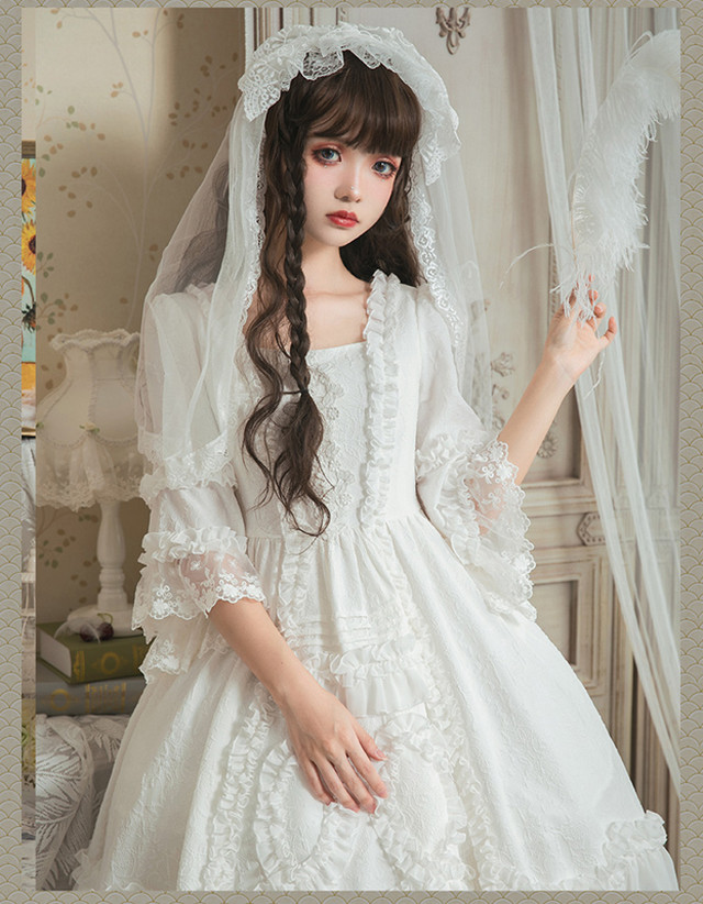 Lolita Op Dress ロリータドレス ウエディングドレス 姫袖 ワンピース オリジナル 甘ロリ ロリィタ 花嫁 お茶会 撮影 Cosplay イベント 春 夏 秋 冬 ロリ S L ホワイト Mintcat
