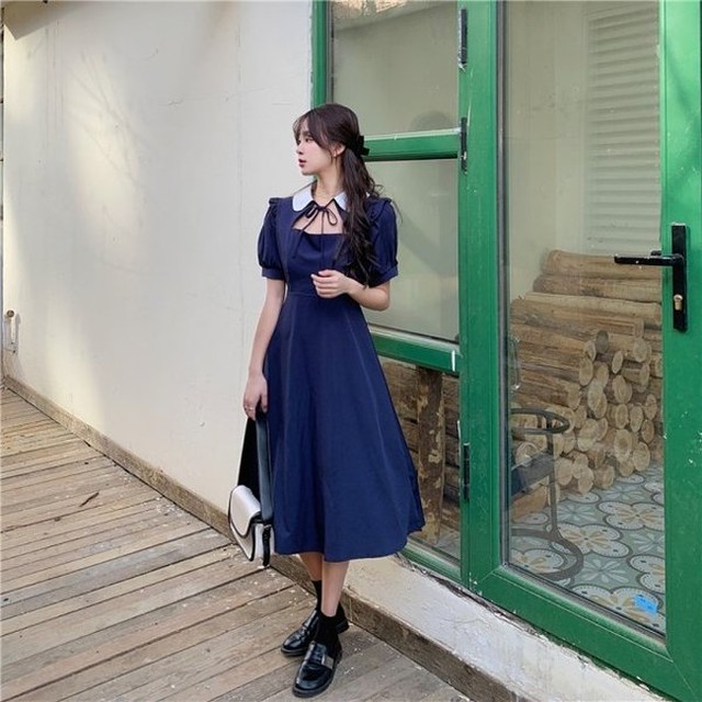 ワンピース レディース ガーリー レトロ 韓国 ファッション ロングワンピース フリル Aライン 花柄 ネイビー パフショルダー デコルテ ワンピ Vestito