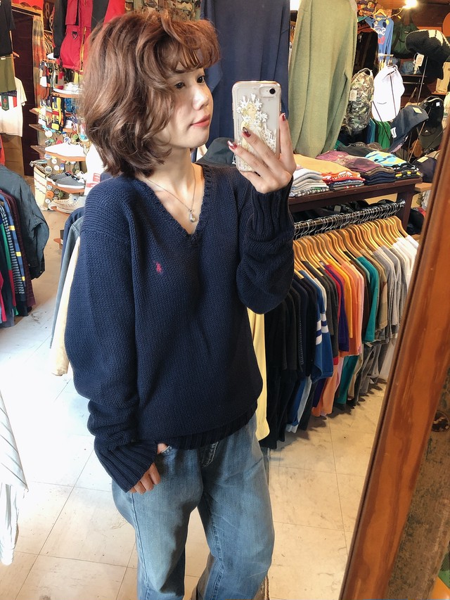 Polo Ralphloren ポロラルフローレン Vネック コットンニットセーター ワンポイント ネイビー Sizes位 古着 レディース メンズ 陽気な古着屋frank