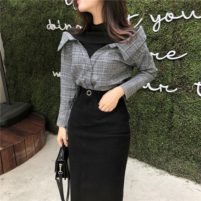 チェック柄 フェイクレイヤード シャツ 韓国 韓国ファッション レディース ドッキングシャツ 長袖シャツ シャツレイヤード チュニック レトロ 秋冬 Dct レディースファッション通販 Mask エムエーエスケー 大人可愛い韓国ファッション