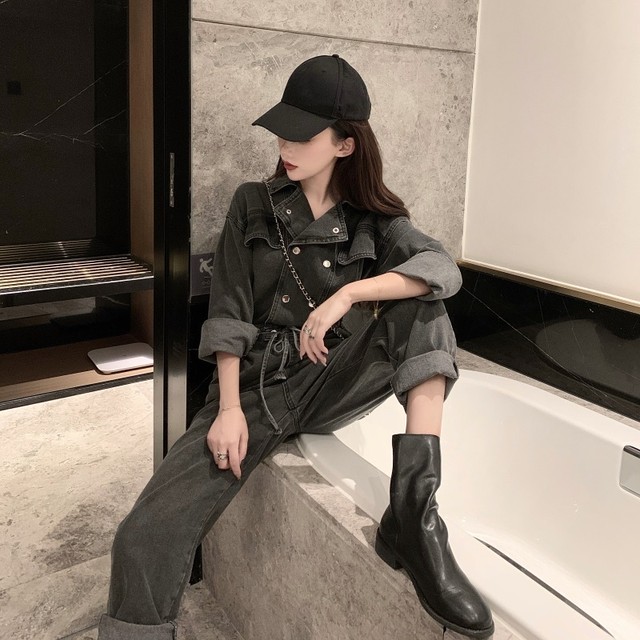 Used風デニムオールインワン ジャンプスーツ ロング丈 カジュアル メンズライク シック ハンサム 春夏 お出かけ 長袖 ハイウエスト 無地 Arroser