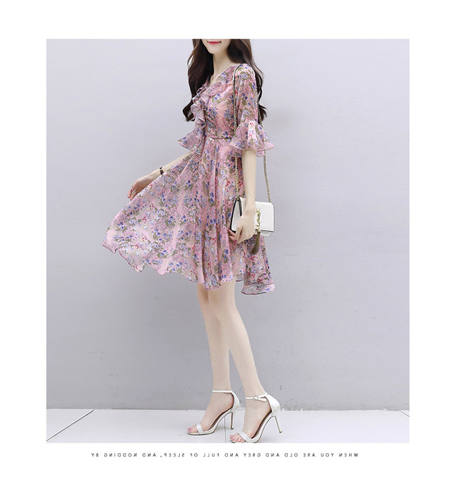 パーティードレス ピンク ワンピース 花柄 フラワー レース 膝丈 シースルー Vネック 結婚式 同窓会 お呼ばれ デート リゾート 食事会 春ワンピ 通勤 D068 Hollys Design