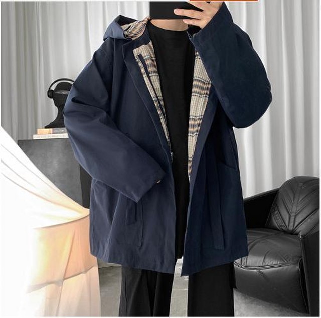 Yuzki 韓国ファッション カジュアル チェックな裏地 トップス アウタージャケット シンプル 冬 メンズファッション ストリート Yuzki