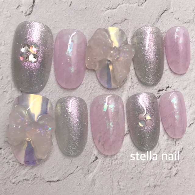 ネイルチップ オーロラネイル リボンネイル ブライダルネイル 成人式ネイル マグネットネイル ネイルチップ Stella Nail