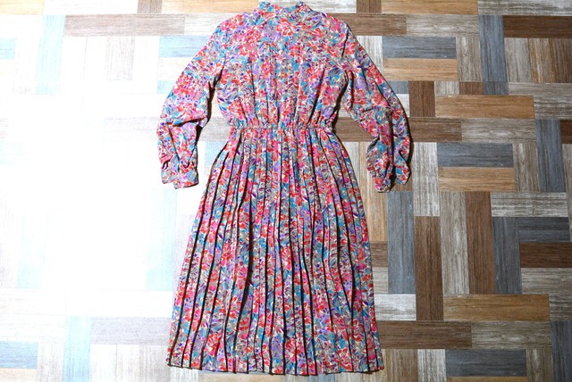 Vintage 花柄 バンドカラー プリーツ ワンピース 古着屋 Jeuudi For Lady S