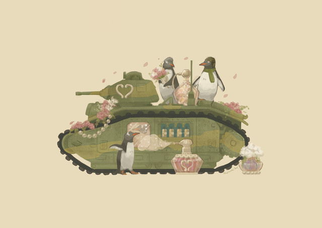 【南極ホタル堂】 複製画「Penguin Tank Char B1 bis & Gentoo penguin」