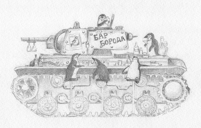 【南極ホタル堂】 原画「Penguin Tank KV-1 & Chinstrap penguin」