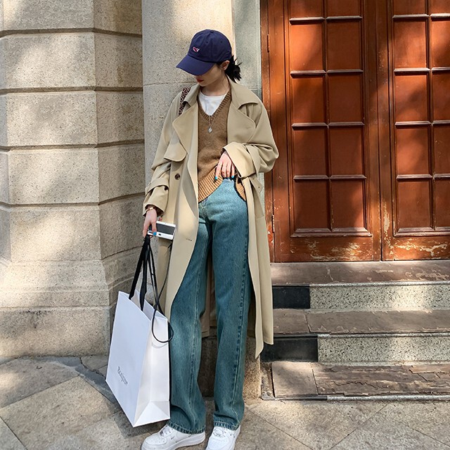 全2色 レディース トレンチコート スプリングコート ミドル丈 オーバーサイズ ルーズシルエット ベージュ グレー S M L Favoriteselect