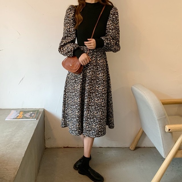 花柄 ワンピース 切り替え ニット ロングワンピース 韓国 ファッション レディース 春 小花柄 プリント バルーンスリーブ ハイウエスト フレアロング ワンピース かわいい ガーリー 長袖 秋春 春服 レディース レイヤードワンピース Vestito