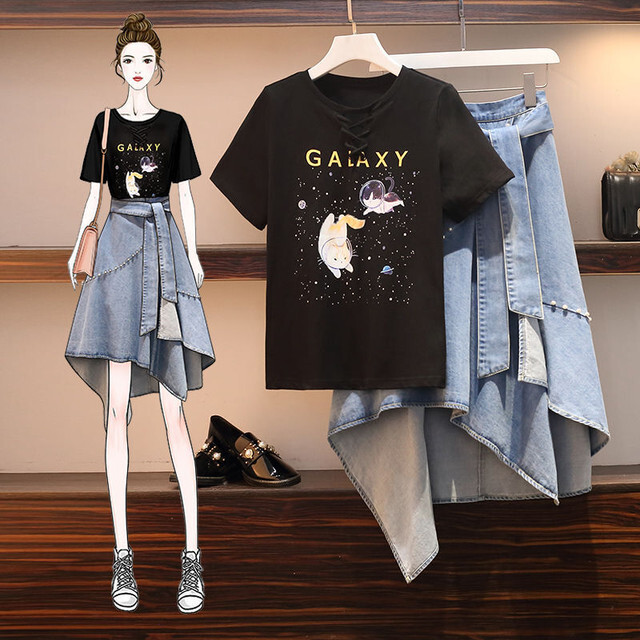 送料無料 セットアップ スリム シンプル ｔシャツ イレギュラーデニムスカート ハイウエスト カジュアル 夏 Sunrise0911