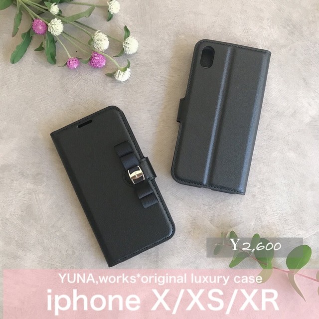 １番人気 Iphone Xr 黒レザー リボン バックルリボン 大人可愛い オトナ女子 手帳型 スマホケース ブラック Yuna Works