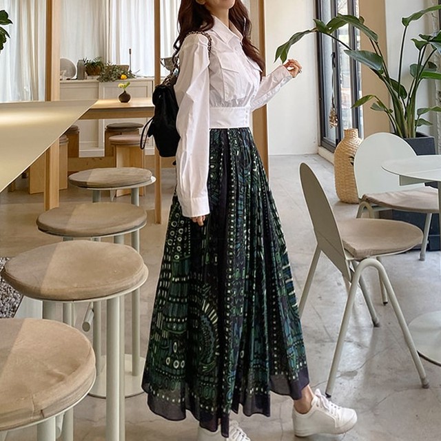 セットアップ レディース 40代 韓国 スーツ スカート コーデ 30代 マキシ丈 長袖 プリント 襟 シャツ およばれ フレアスカート カジュアル ゆったり 白 春夏 大きいサイズ おしゃれ Dress No Sato